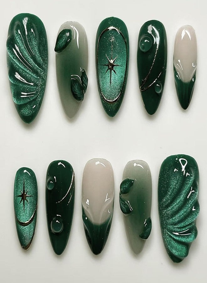 BSBTBZ 24Pcs Green Press on Nails Medium Almond Fake Nails with Green Ripple French Cat Eye Design Handmade Stick on Nails Glitter Full Cover Artificial Nails for Women DIY Manicure Daily Wear - Image 1